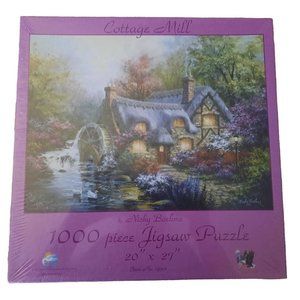 NEW Sunsout Cottage Mill 1000 piece jigsaw puzzle Stream Swans Waterwheel Pretty